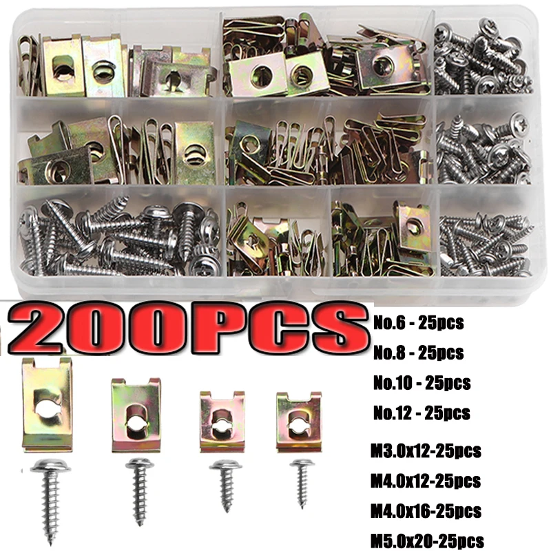 200pcs U Nuts Speed Clips Car Fixed Self-tapping Screw Metal U-Type for Fender Bumper Leaf Board Auto Fastener M3 M4 M5 M6