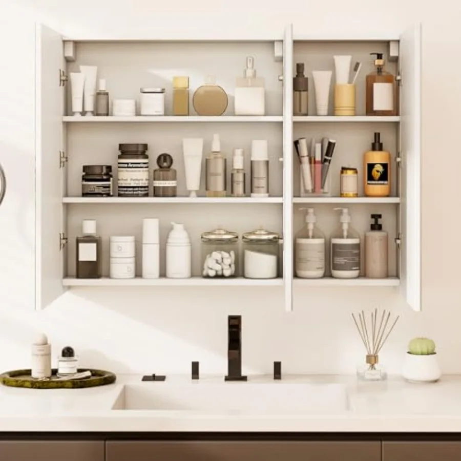 Bathroom mirrored medicine cabinet, white MDF, large wide wall-mounted storage with 3 mirror doors, hanging organizer, 34.5 x 5 view 4