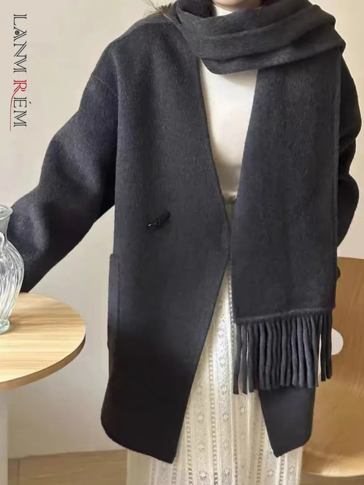 

LANMREM High-end Double-sided Cashmere Wool Coat Women's Scarf Buckle Loose V-neck Long Winter Warm Overcoats 2024 New 2DA9019