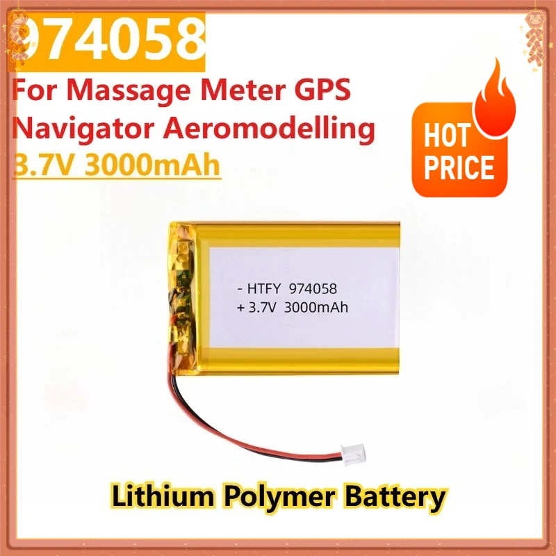 

974058 Replacement Battery for Electronic Devices, 3000mAh 3.7V Li-Polymer High-Capacity Rechargeable Battery, JST PH2.0 Plug