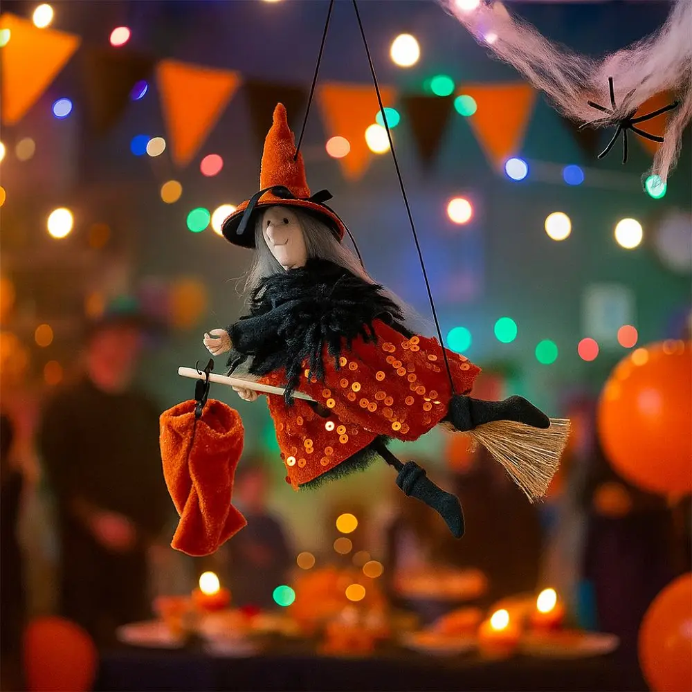 

Scary Halloween Hanging Witch Gothic with Gift Bag Broomstick Girl Doll Witch Hat Broomstick Witch Ornament Halloween Party