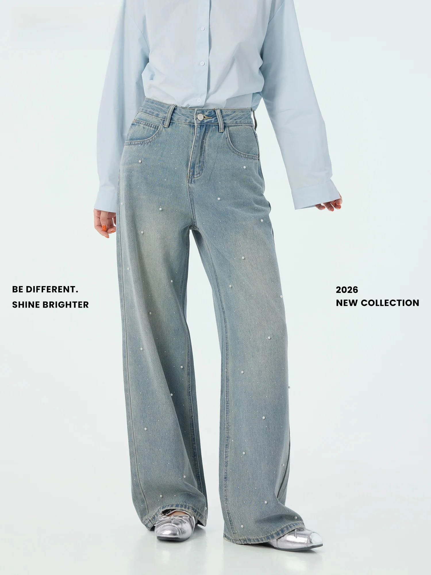 

Didimax Summer New Wide Leg Jeans Women Loose Gradient Washed Diamond Pearl Shiny Loose Fit Ladies Jeans Cotton Natural Waist