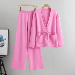 2 Piece Set Women Muslim Knitting Sets Cardigan Lace Up Pockets Buttons Coat Wide Leg Pants Suit Knit Ensembles Modest Outfits