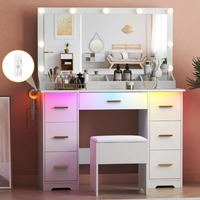 White RGB Ambient Light Dressing Table Set for Ladies Girls' Bedrooms Large Illuminated Mirror 7 Drawers Power Makeup Vanities