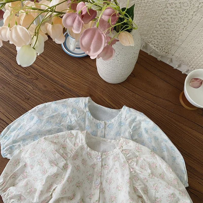 Baby Girls Floral Print T-shirt+Suspender Denim Dress One Breasted Puff Sleeve Soft White Tees Cute Blue Pleated Jean Overalls