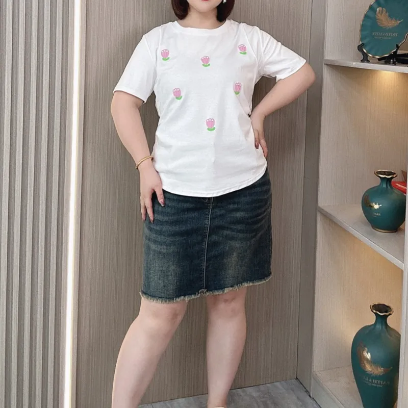 3D Patch Tulip Short Sleeve T-shirt Plus Size Women Summer New Loose Thin Side Fold Tops