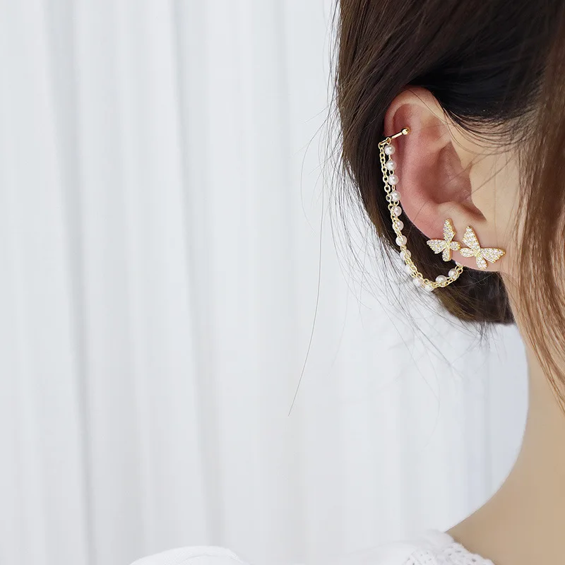 Butterfly Ear Studs para mulheres, brincos na moda coreana, corrente Earclip, jรณias borla, presente de aniversรกrio