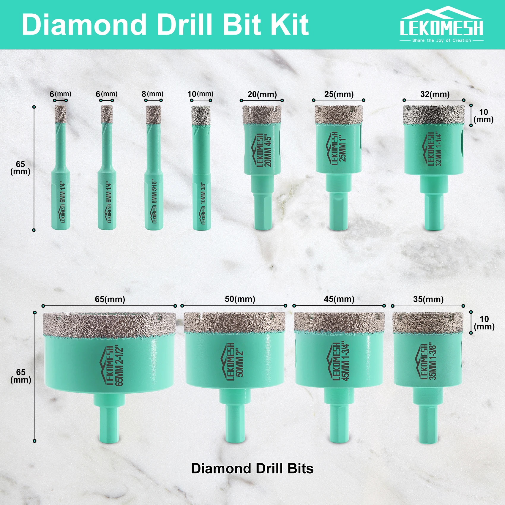 LEKOMESH 11pcs Set Diamond Drill Bits Kit Triangle Shank Porcelain Ceramic Marble Marble Diamond Core Drill Bit