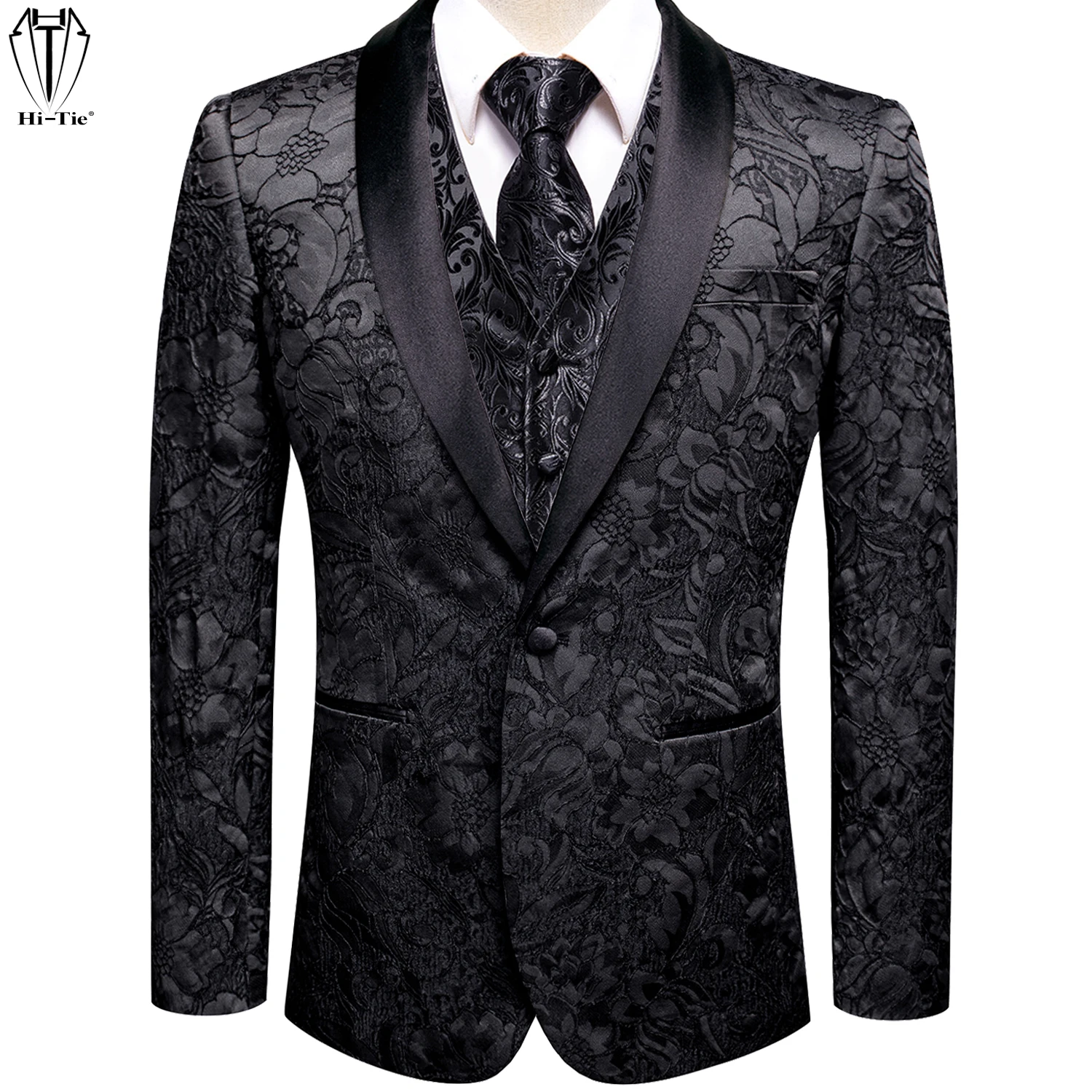 

Hi-Tie Black Mens Suit Vest Shawl Lapel Tuxedo Blazers Jacket Sleeveless Vest Tie Pocket Square Cufflinks Wedding Business Gift