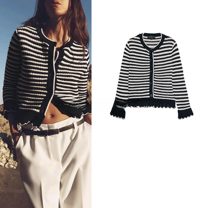 

Spring New Arrival Women's American College Sle Layered Stripe round Ne Long Sve Knitted Jaet Loose Fit Commute Sle