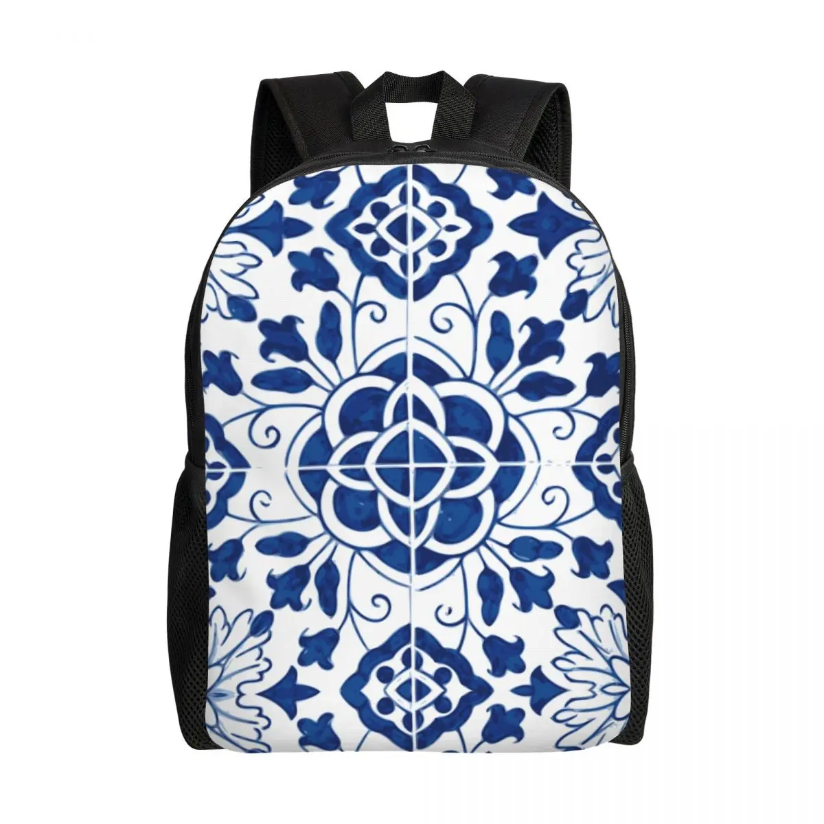 Mochila con estampado de flores para ordenador portátil, morral con diseño de azulejos de porcelana azul, portugués, para estudiantes universitarios, a la moda, para hombre y mujer