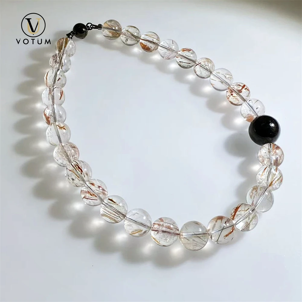 Votum Natural Black Gold Super Seven Rutilated Quartz Beaded Choker Necklace for Unisex Crystal Healing Wealthy Attract Jewelry