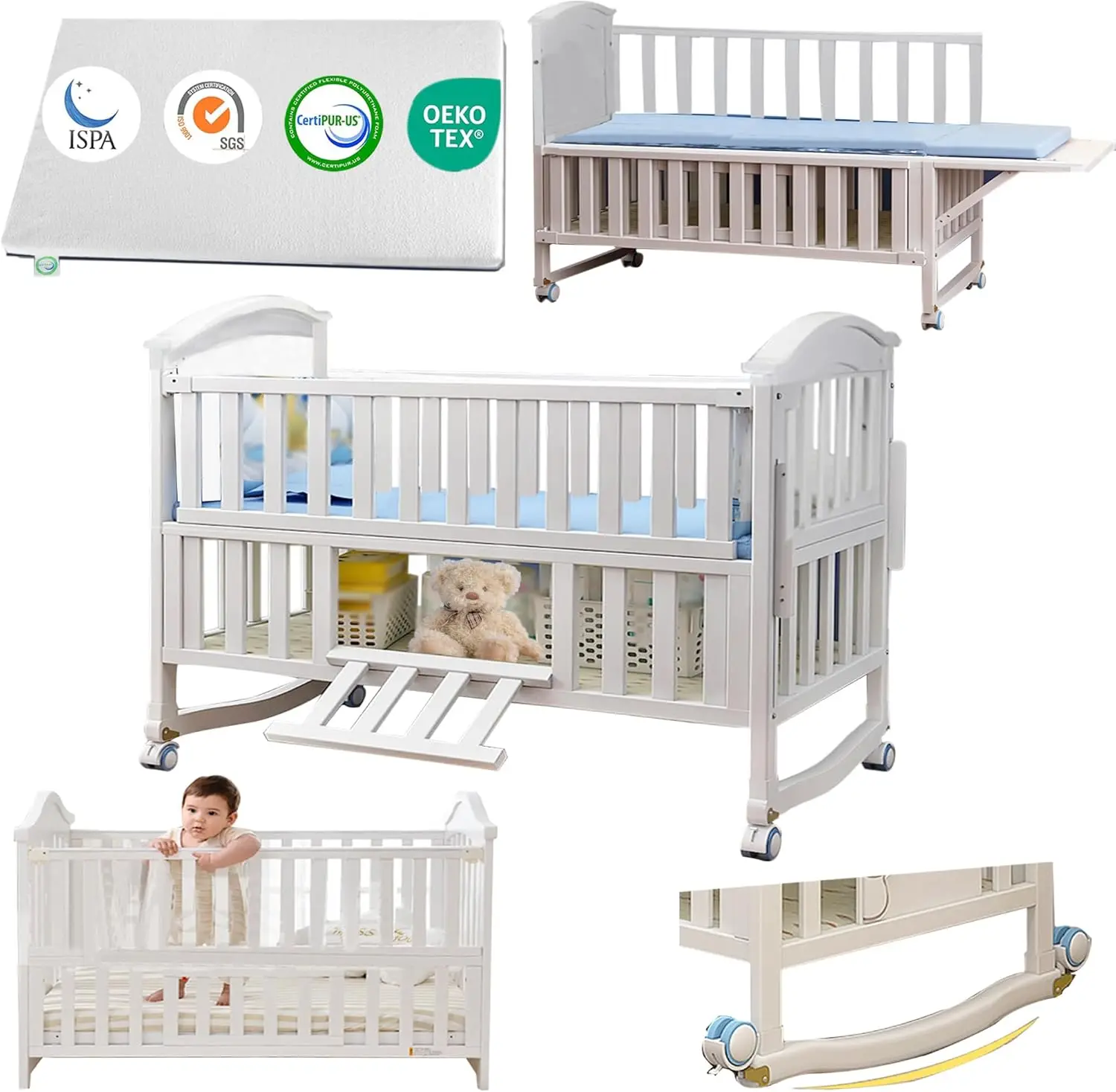 

Mini Baby Crib 4 in 1 Cunas para Bebes Portable with Memory Foam Mattress Included, 2024 Convertible Crib 6 in1 with Foldable