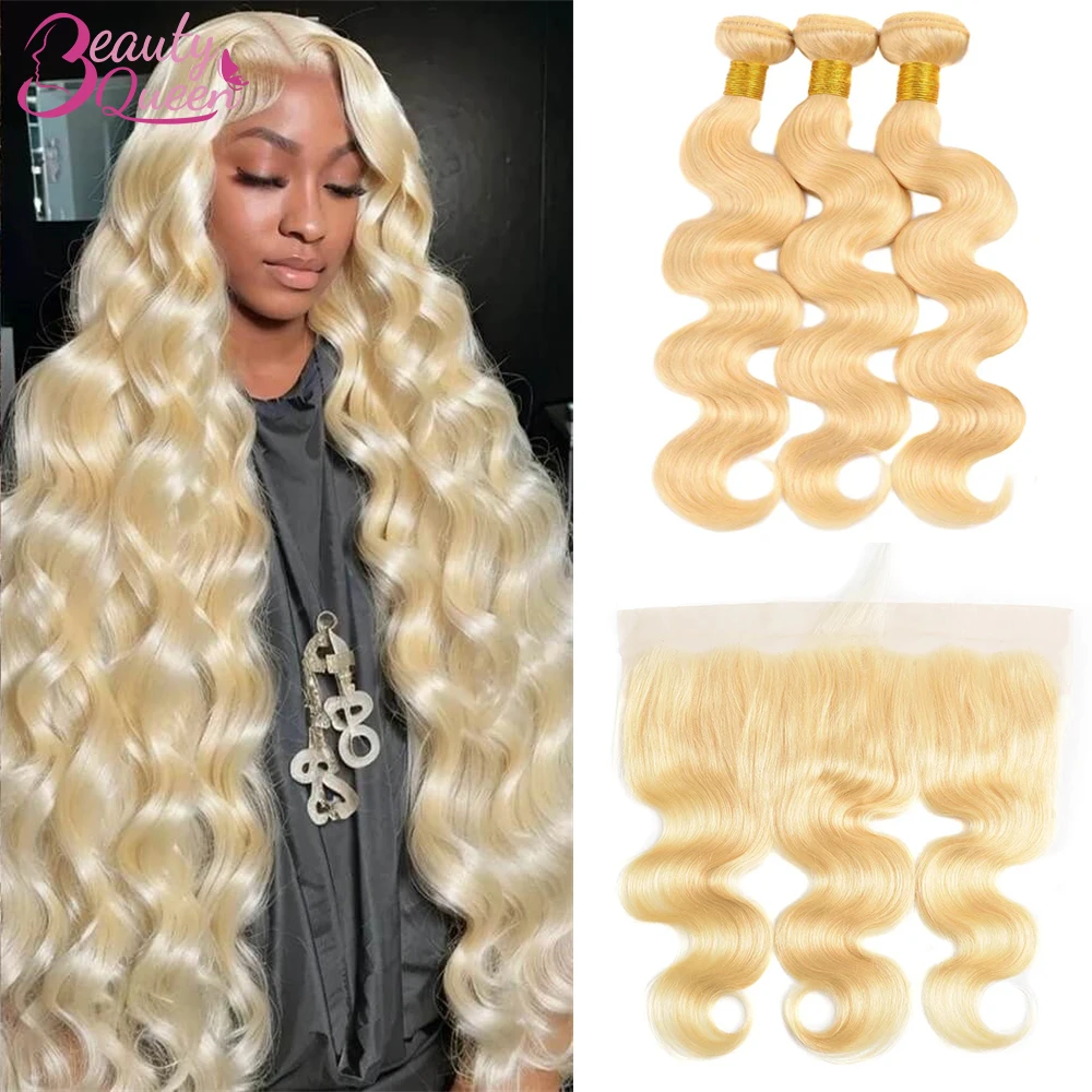 Remy Blonde Extensões de Cabelo Humano, Lace Frontal, Onda Do Corpo, Brasileiro, 613, 13x4, 3 Pacotes, Ofertas, 3