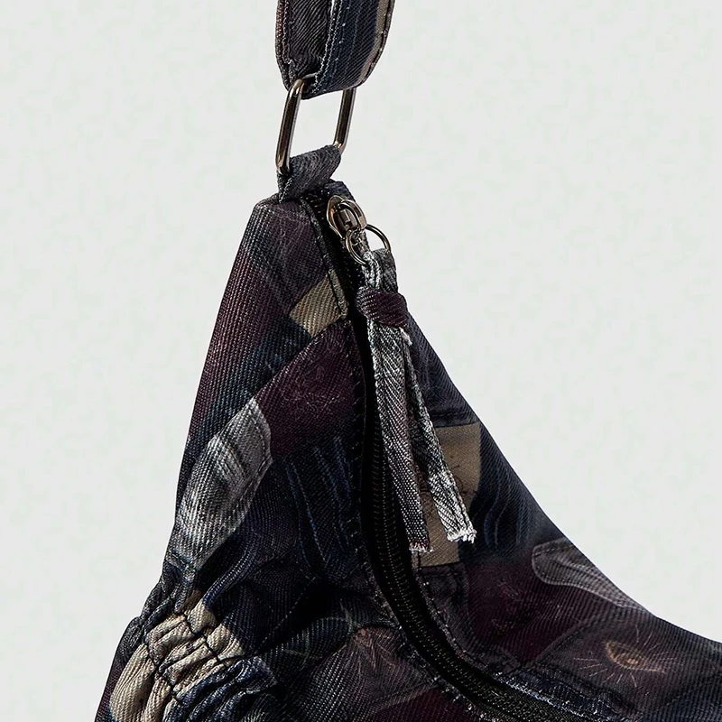 Sonnen-Mond-Stern-Print Patchwork Canvas Schultertasche, Vintage Handtasche mit Reißverschluss, Damen Pendler-Arbeitstasche Retro Leichte Tragetasche – Detail 3