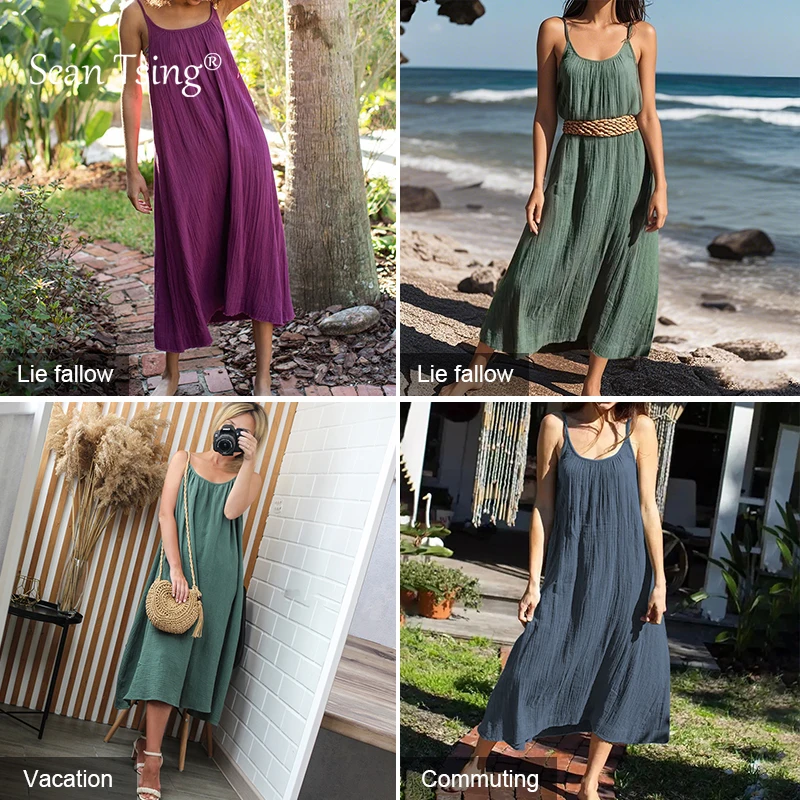 Vestido de verão feminino vintage macio tecido crepe de dupla camada 100% algodão verde azul simples básico versátil vestido de alta qualidade