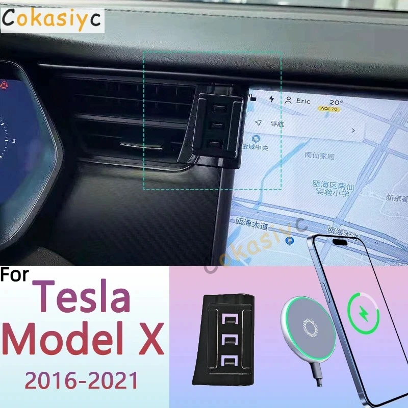 

For Tesla Model X 2016 2017 2018-2021 Magnetic Phone Holder 15W Wireless Charging Phone Stand Phone Support Custom Base