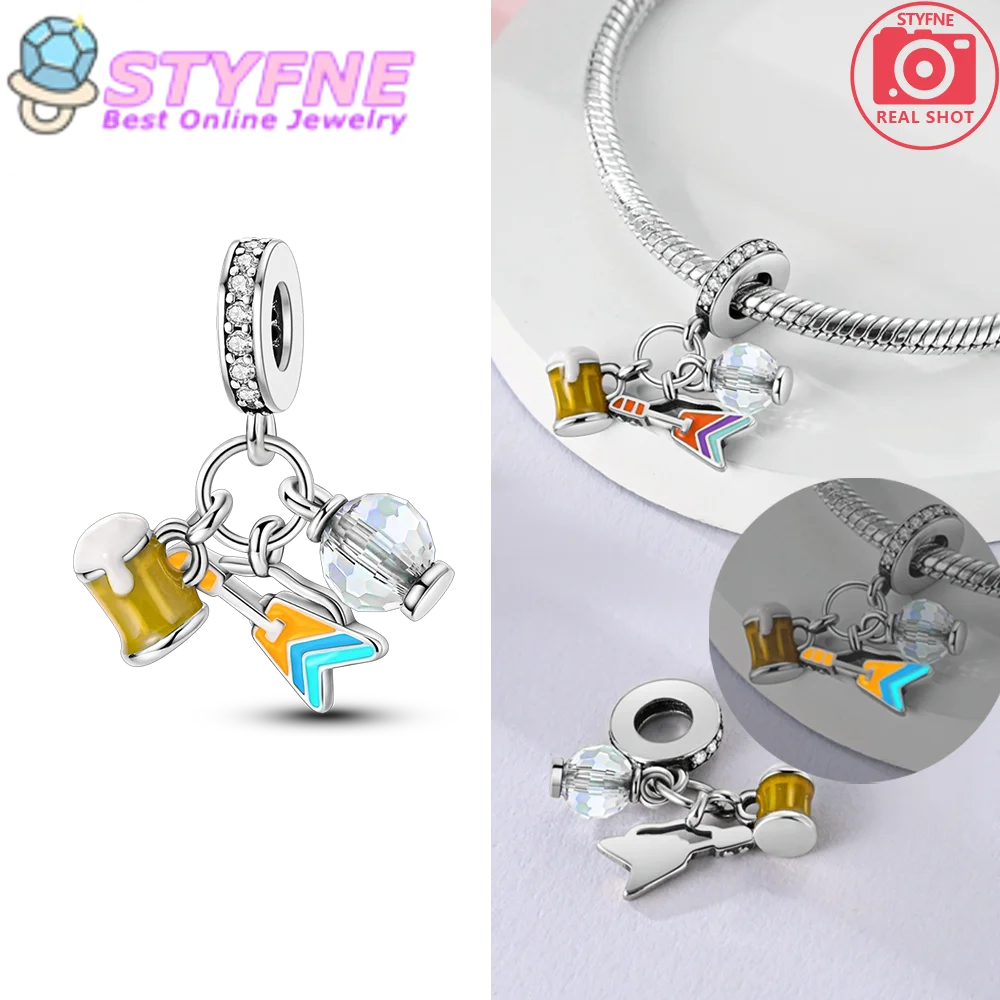 Original 925 Sterling Silver Sparkling Beer Guitar Light Charm Fit DIY Bracelet Necklace Women's Music Party Accessories