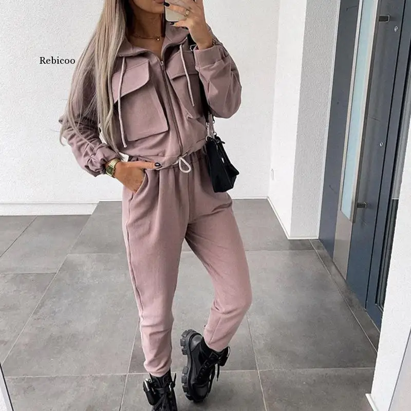 

Women Pockets Tracksuit 2 Piece Set Causal Long Sleeve Sports Hooded And Fashion Overalls Elastic Waist Pants Suit Solid Suit