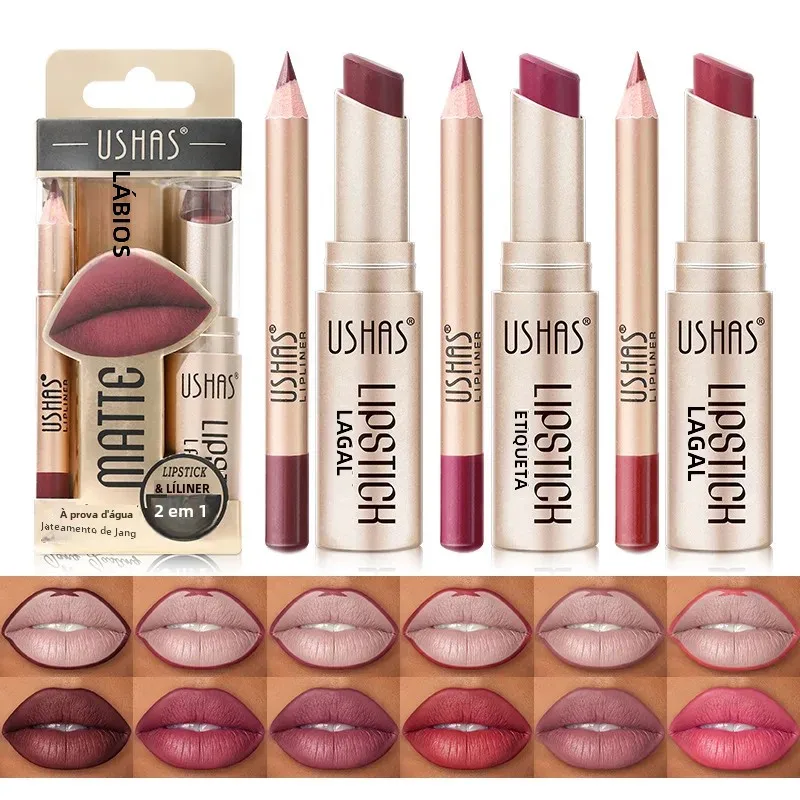 USHAS 12 cores Lip Liner Plus conjunto de batom fácil coloração batom fosco não seco de longa duração batom vermelho nude Lipliner Set