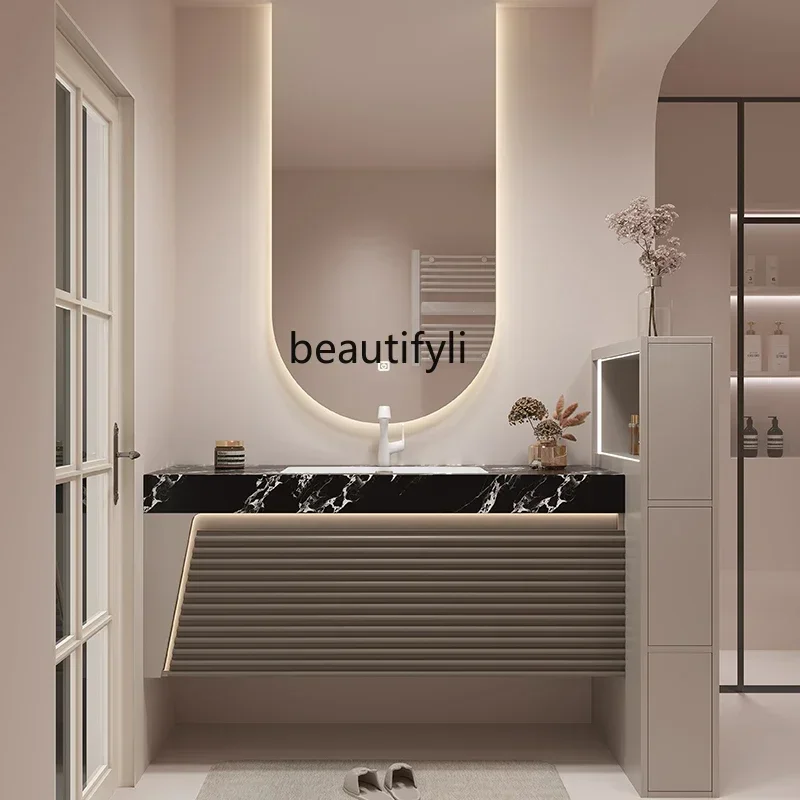 

Modern Minimalist Solid Wood Bathroom Cabinet Light Luxury Bathroom Stone Plate Washstand Wash Basin Washbasin Bathr