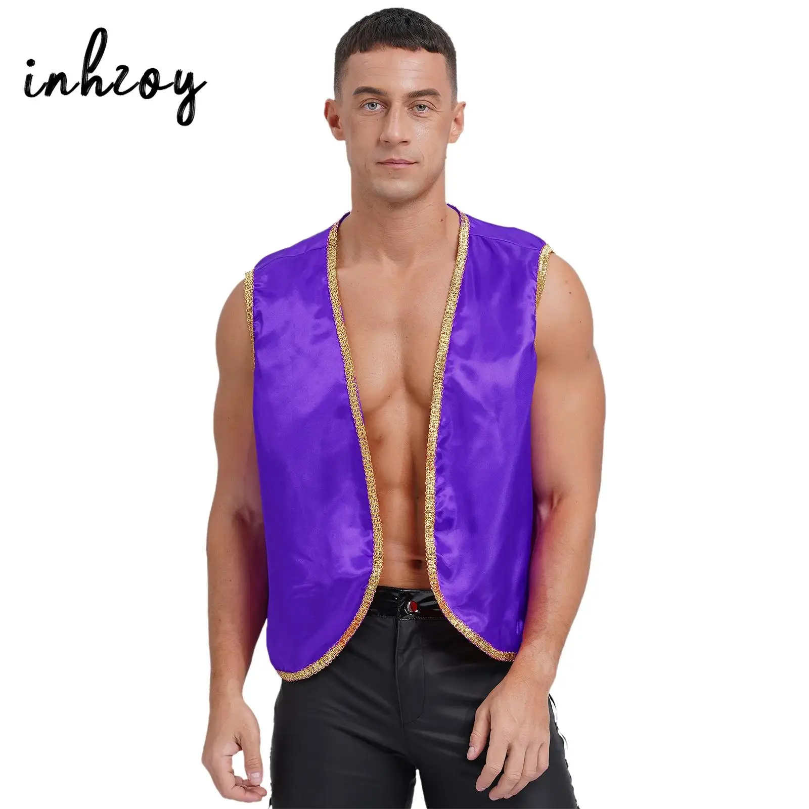 

Mens Arabian Prince Waistcoat Cosplay Costume Halloween Carnival Party Dress Up Sleeveless Open Front Braided Trimming Vest Tops