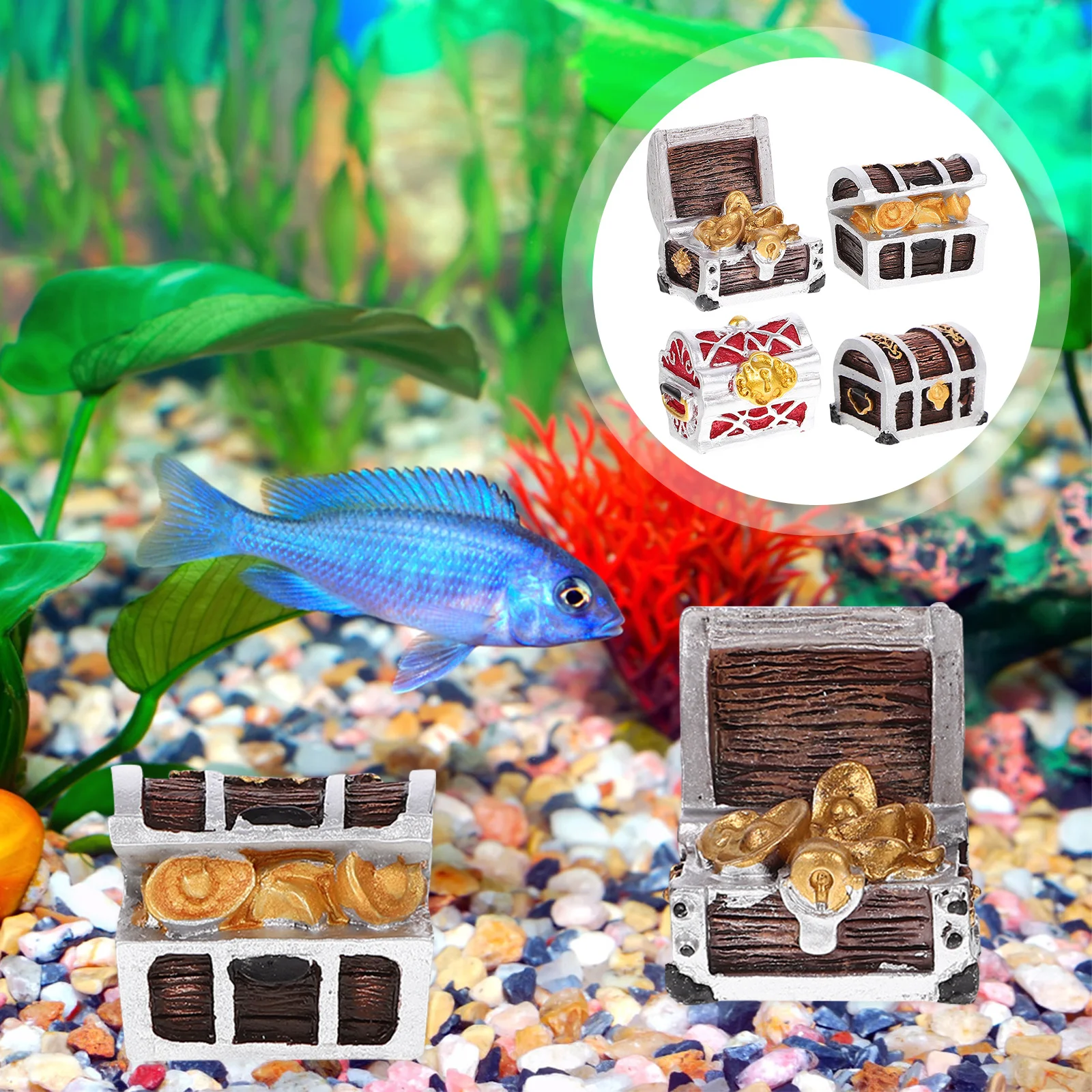 

4Pcs Delicate Treasure Box Decor for Aquarium Fish Tank Resin Craft Decorative Pond Ornament Compact Home Office Decoration