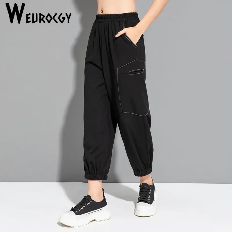 Spring y2k Korean Casual Loose Womens Pockets Ankle-Length Pant Women High Elastic Waist Wide Leg Haren Pant Clothing Streetwear