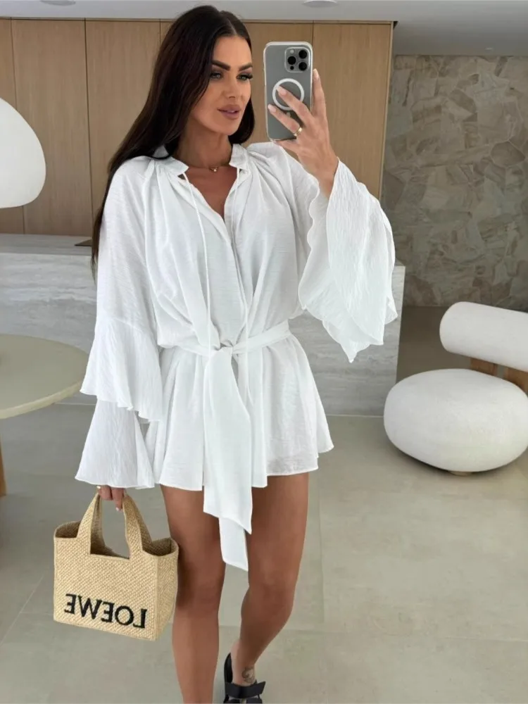 2025 Spring Summer Elegant Ruffle Loose Casual Flare Sleeve V neck Lace Up Irregular Solid Holiday Dresses Sexy Women Mini Dress