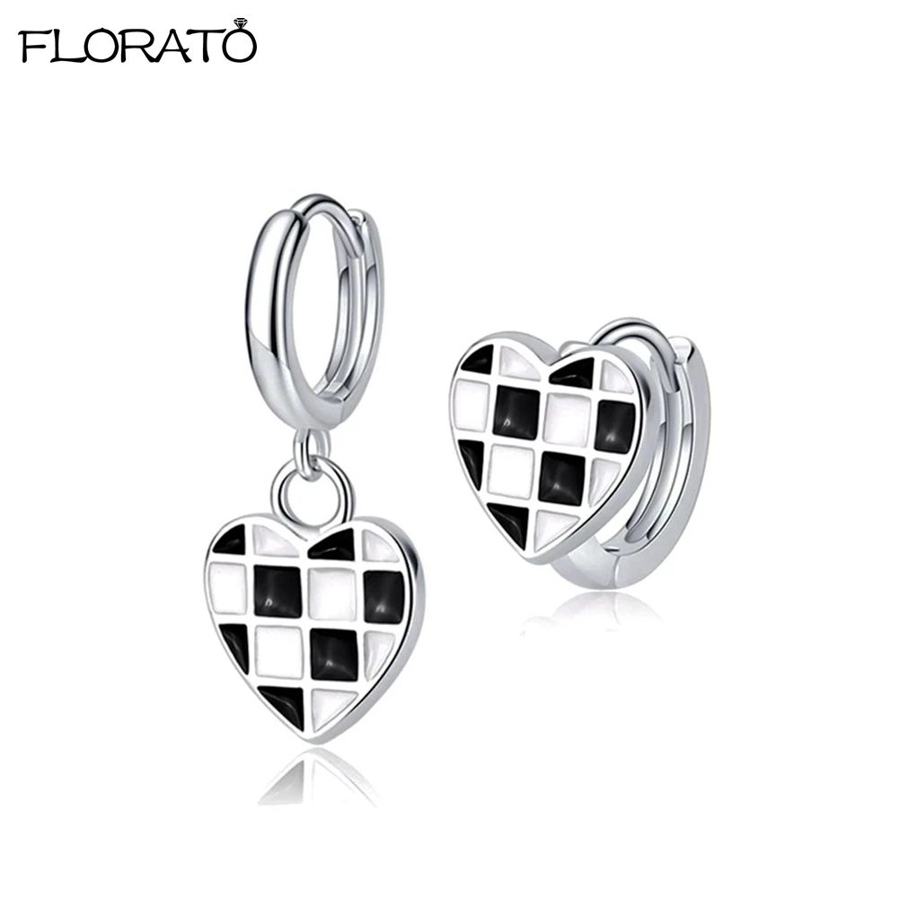 925 Sterling Silver Ear Needle Enamel Heart Earrings White/black Lattice Checkerboard Pendant Hoop Earrings for Women Jewelry