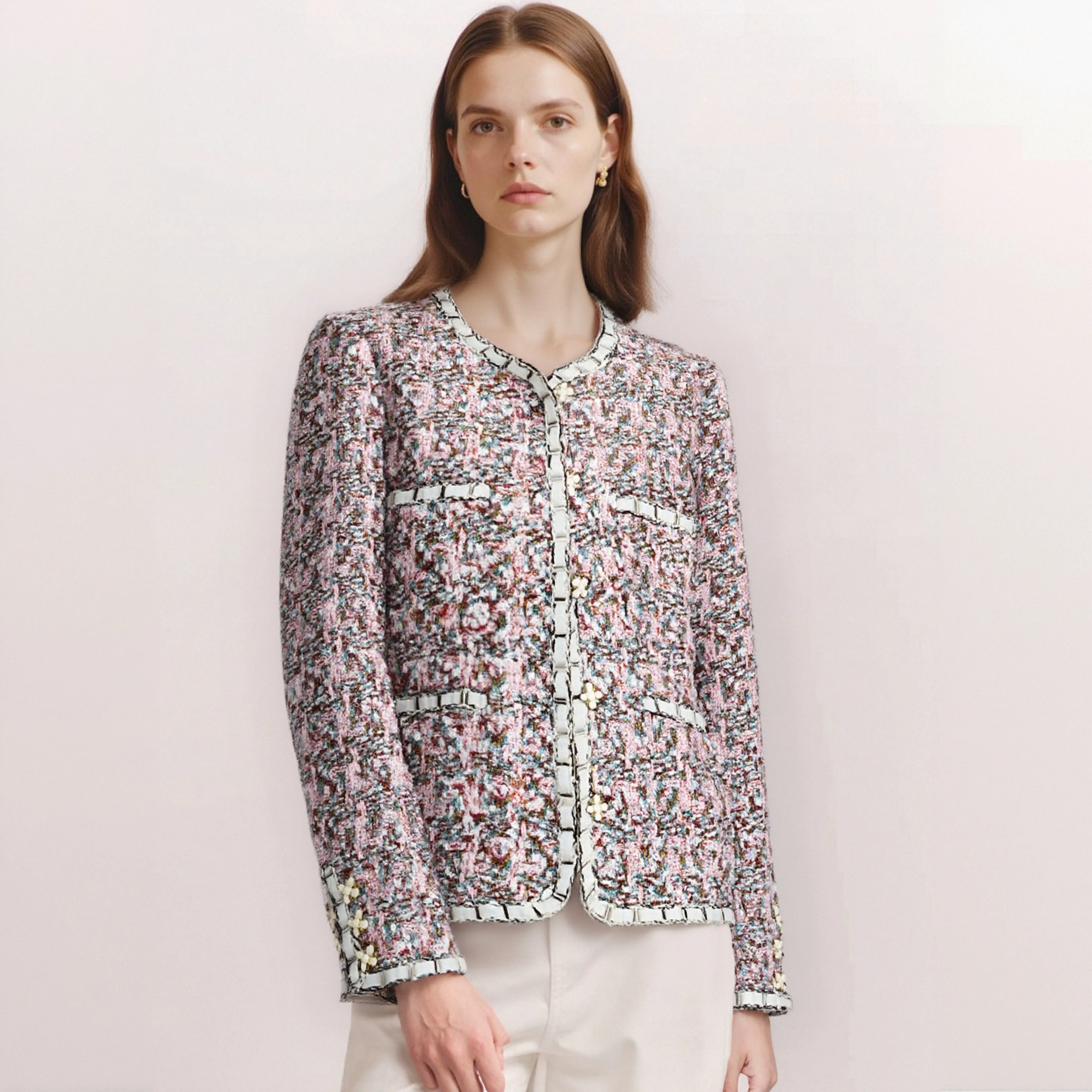 

Благородный топ из специальной пряжи с цветочным принтом, высокотемпераментный изысканный дизайн, маленький грубый трикотаж в ароматном стиле для женщин