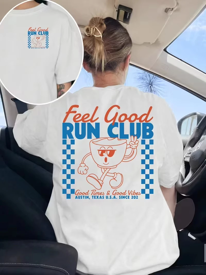 Feel Good Run Club Retro Coffee Mascot Graphic T-Shirt,Casual Short Sleeve Top, Trendy Summer Daily Wear Tee for Women Men