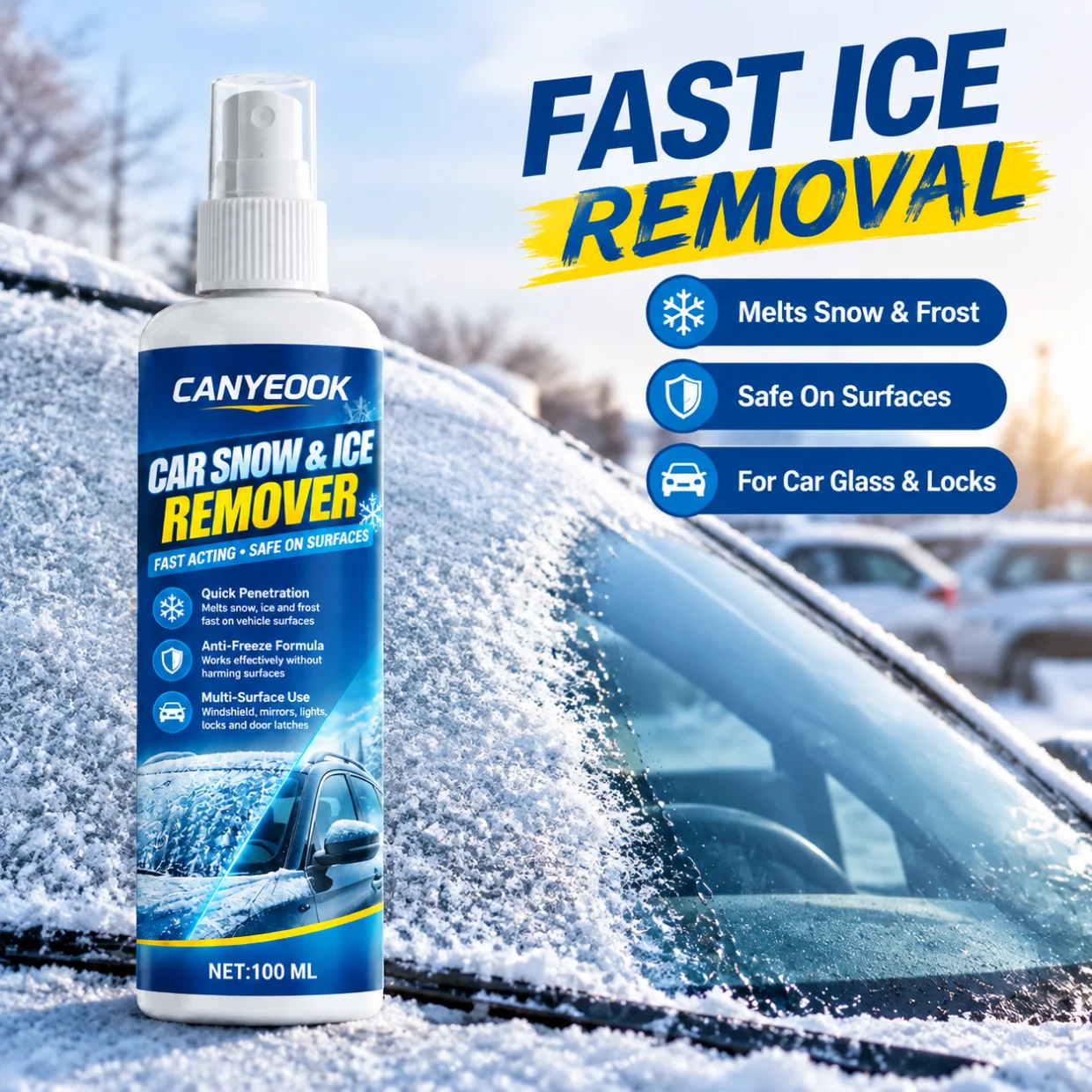 CANYEOOK Car Ice Snow Melter Spray 100ml Fast Deicing Windshield Mirror Lock Antifreeze Safe Winter Auto Care
