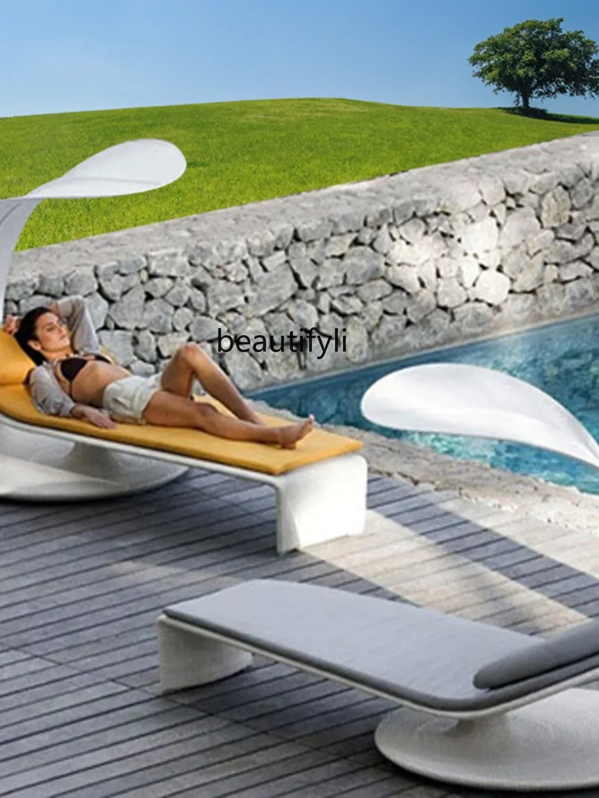 Outdoor Lounge Swimming Pool Beach Recliner Courtyard Outdoor Leisure Lazy Terrace Rattan Backrest Creative Bed