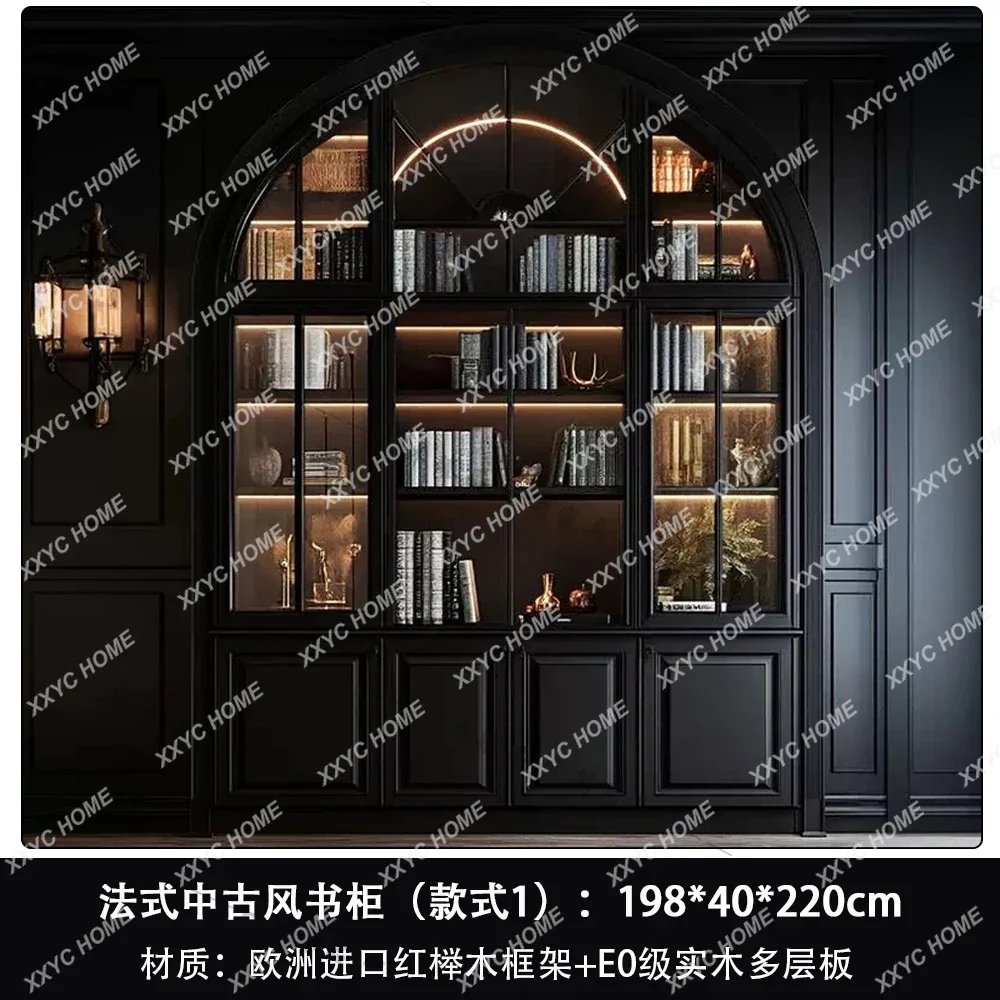 A French retro solid wood bookcase villa arched integrated display cabinet light luxury storage side cabinet
