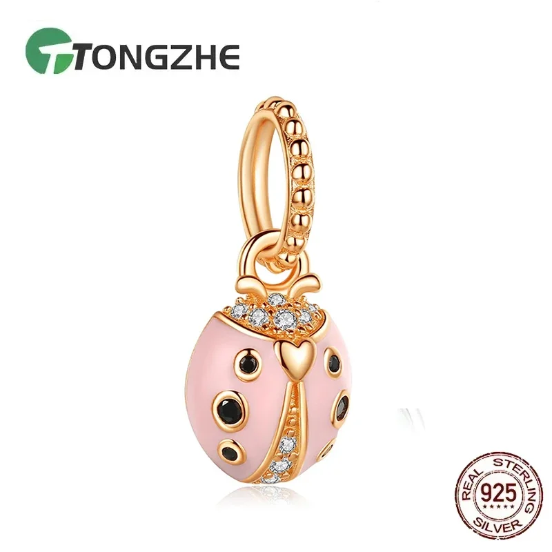 TONGZHE 925 Sterling Silver Pink Ladybug CZ Beads Fit Original Bracelet Charms Pendant Necklace Luxury Jewelry Making