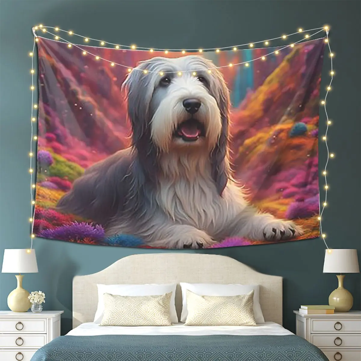 

Bearded Collie Dog In Colorful Nature Tapestry Wall Hanging Aesthetic Home Decor Tapestries for Living Room Bedroom