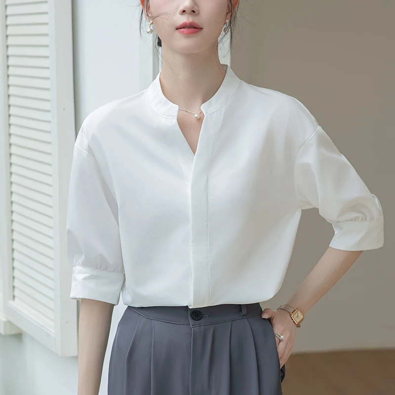 

Women Blouses Spring Summer Breathable Simple Half Sleeve Shirts Solid Color Female Clothing