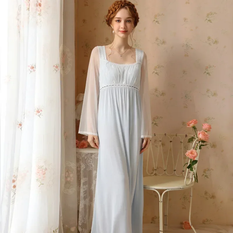 

Women Sweet Solid Color Long Night Dress Spring Autumn Modal Nightwear Fairy Square Collar Nighty Romantic Princess Sleepwear