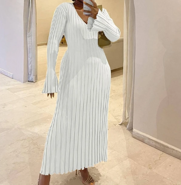 Women's Dress Knitted Dress Casual Waist Cinched V-Neck Big Pit Stripe Slimming Knit Long Skirt for Women (Thickened Version)