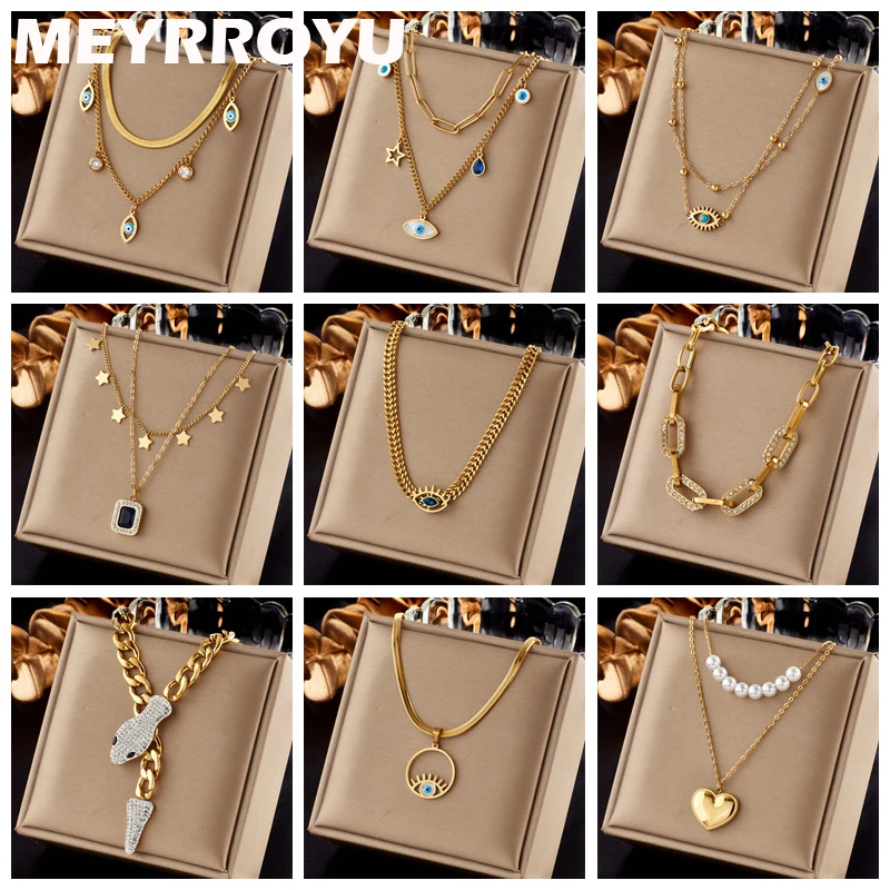 

MEYRROYU 316L Stainless Steel New18k Gold Plated Round Zirconia Pendant Link Chain Necklace For Women Party Gift Charm Collar