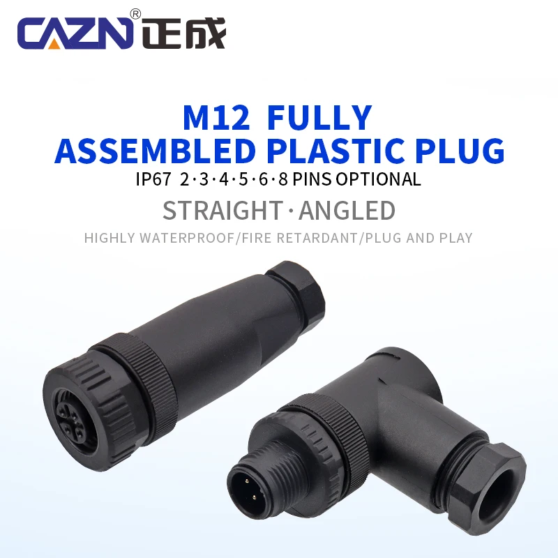 M12 Full Plastic Assembled Plug Straight Angled Male Female 2 3 4 5 6 8 Pin A/B/D Code IP67 Lightweight for Industrial Equipment