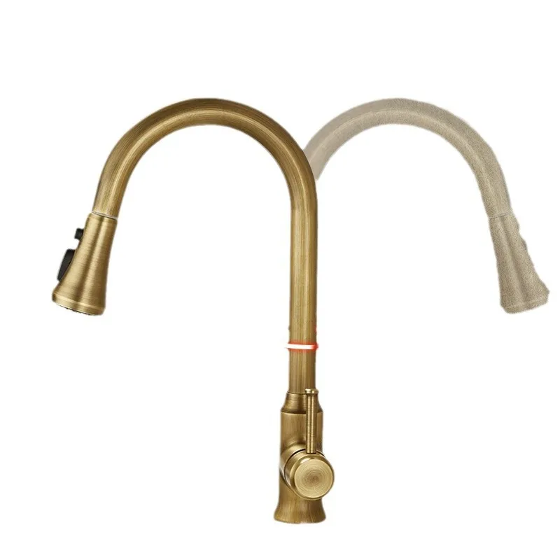 

French antique copper pumping kitchen faucet household washing basin sink rotating hot and cold splash-proof faucet