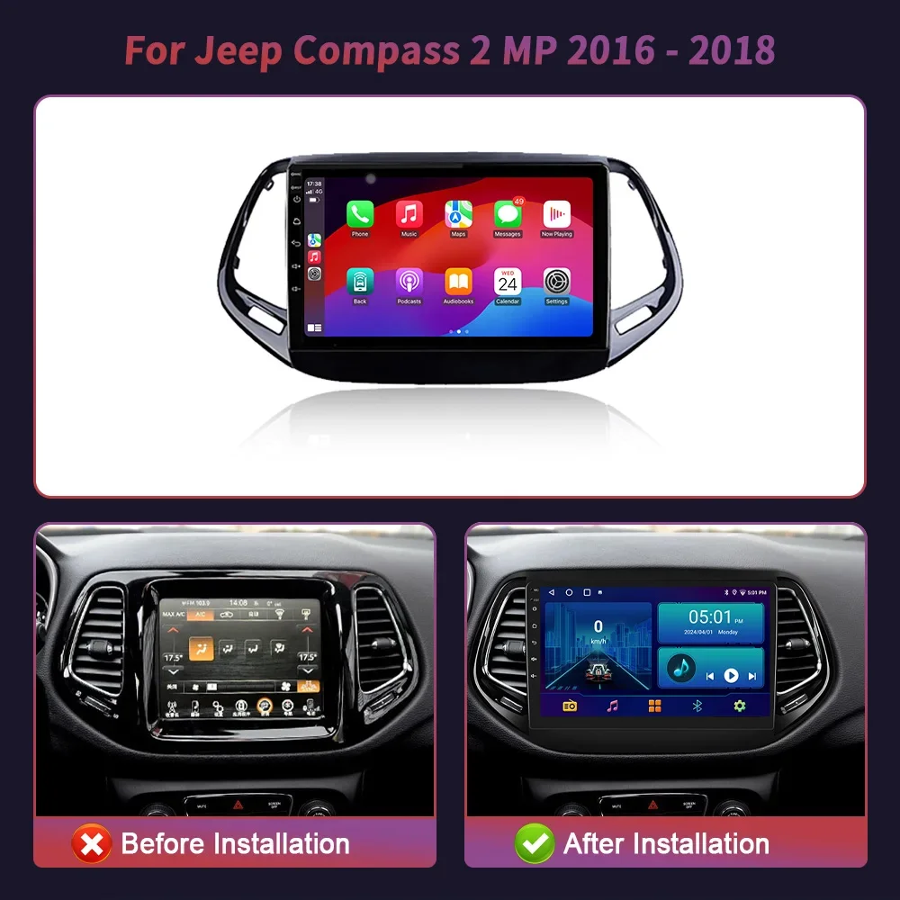 Android 14 Car Radio Auto Wireless Apple Carplay GPS 2 Din Stereo Multimedia Screen For Jeep Compass 2 MP 2016 - 2018