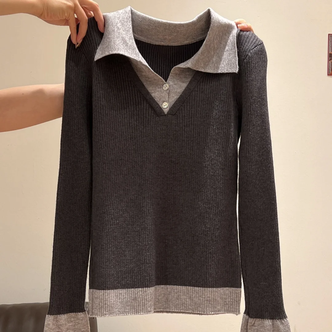 

Женский вязаный свитер с цветными блоками, искусственный двухсекционный воротник-поло, облегающий базовый слой с длинными рукавами, осень-зима