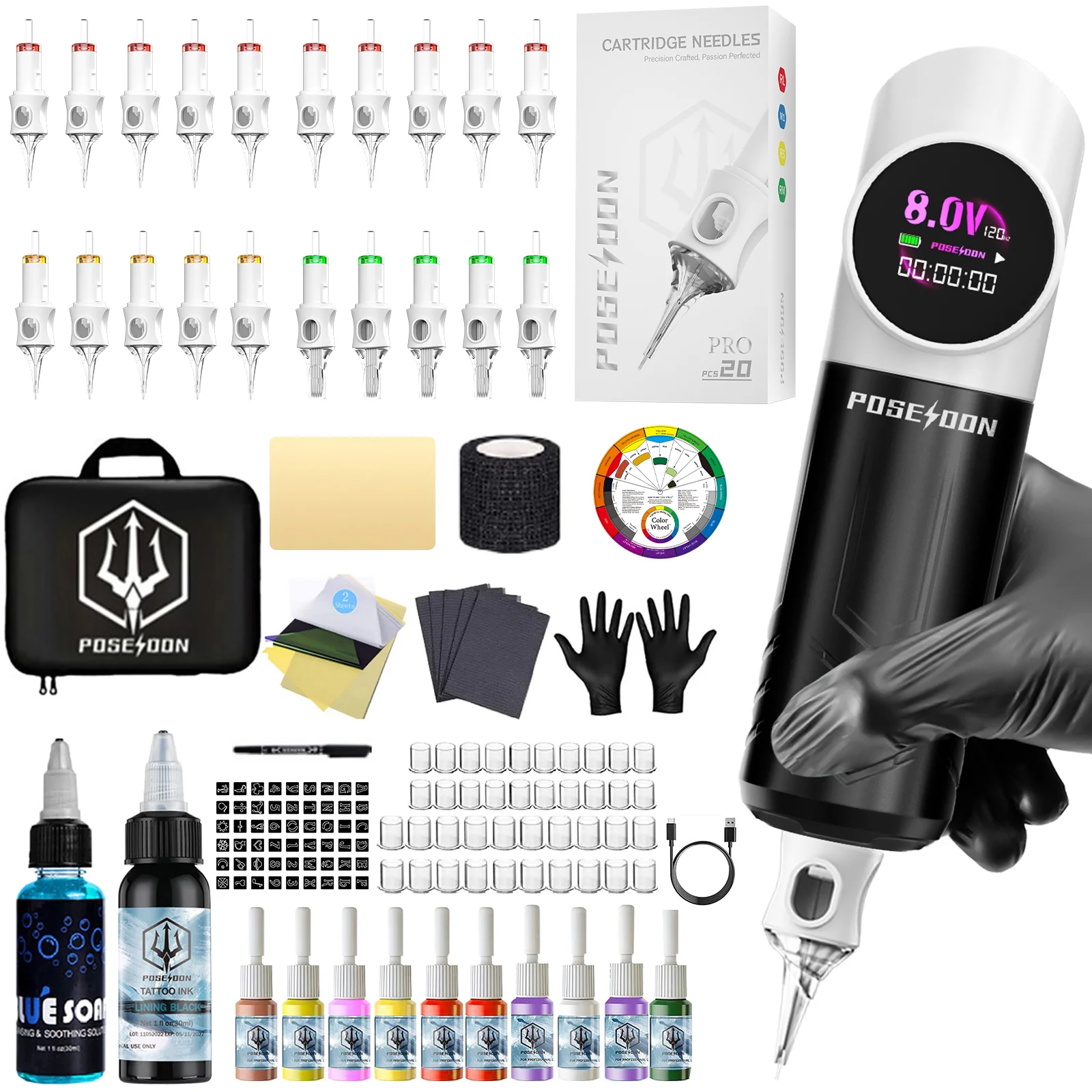 

POSEIDON V6 Tattoo Kit New Panda Tattoo Pen Kit For Permanent Makeup Tattoo Machine Kit Wireless Tattoo Power Supply Tattoo Kit