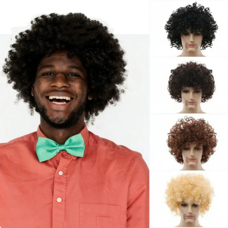 African Men Synthetic Wigs Fluffy Curly Hair Cap Daily Use Halloween Cosplay Party Headcover Props Hippie Rock Dance Wigs Hair