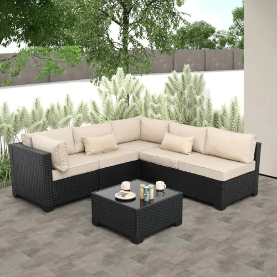 Patio Sectional 6 Pieces All-Weather Wicker Patio Furniture Set Outdoor Sectional with Glass Table Non-Slip Cushions and Waterp