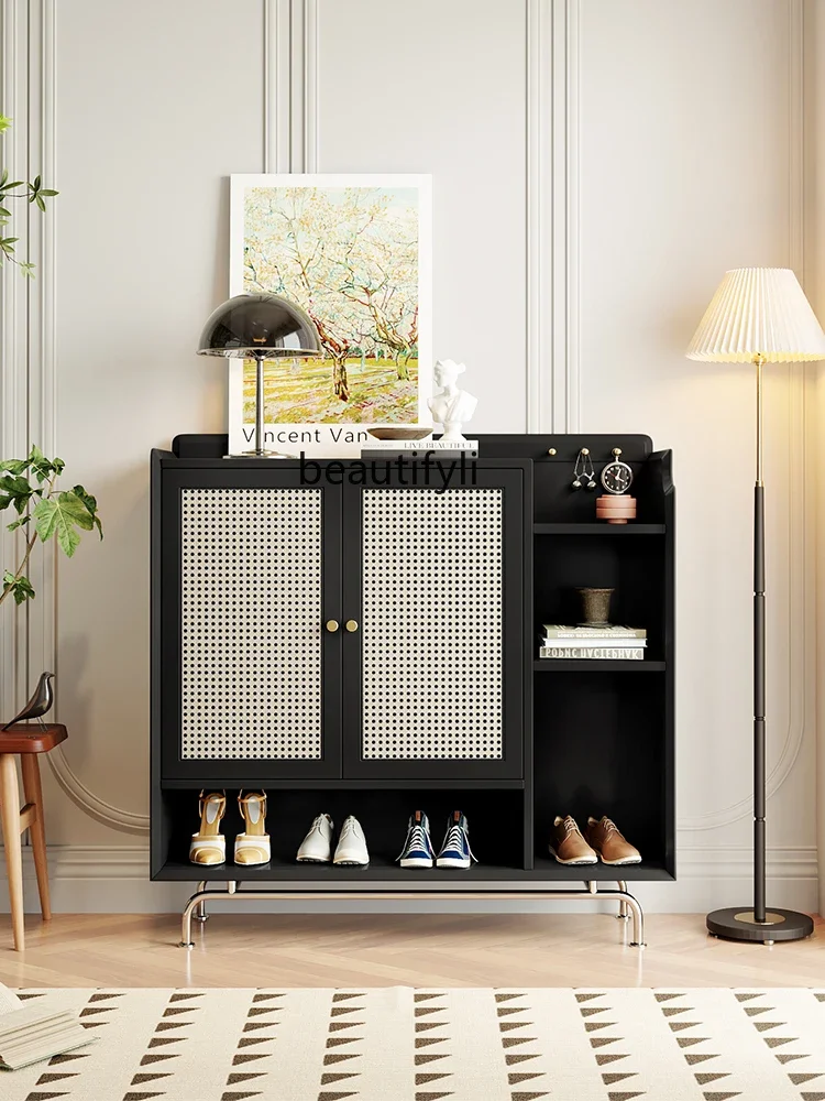 

ss7304 Solid Wood Rattan Woven Large Capacity Shoe Cabinet Foyer Doorway Minimalist Creative Multi-Functional Shoe Rack