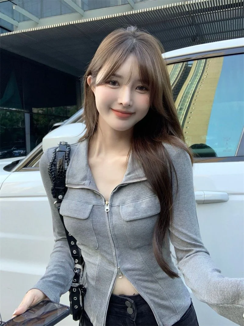 Spicy Girl  Collar Base Shirt Women's Autumn Winter Slim Fit Unique Short Sleeve Long Sleeve Top Design Sense  Elegant
